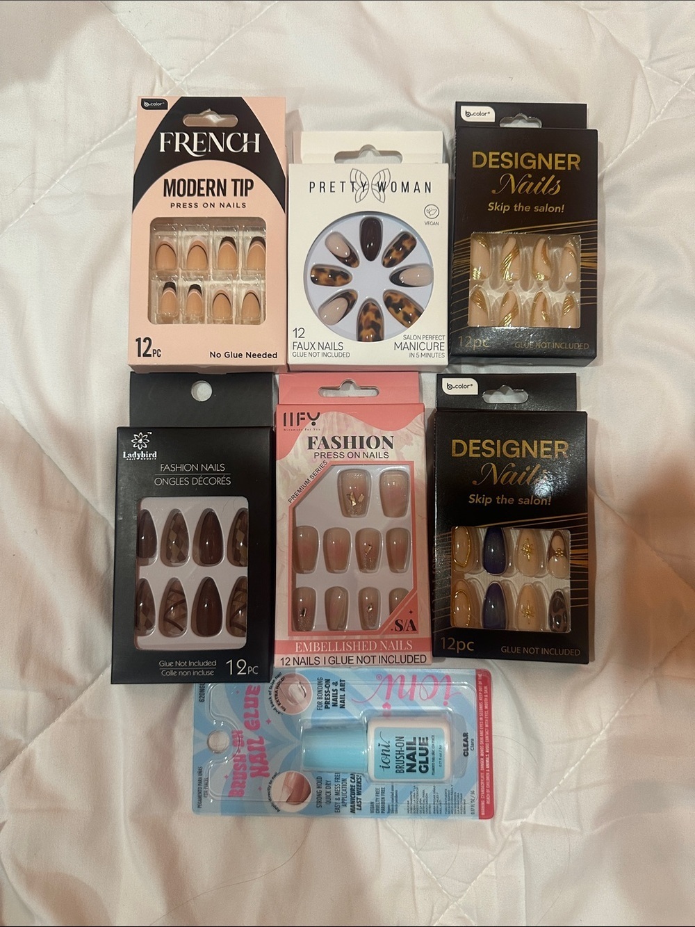 Set Assorted Press-On Nail Packs with Nude, Brown & Purple Accents